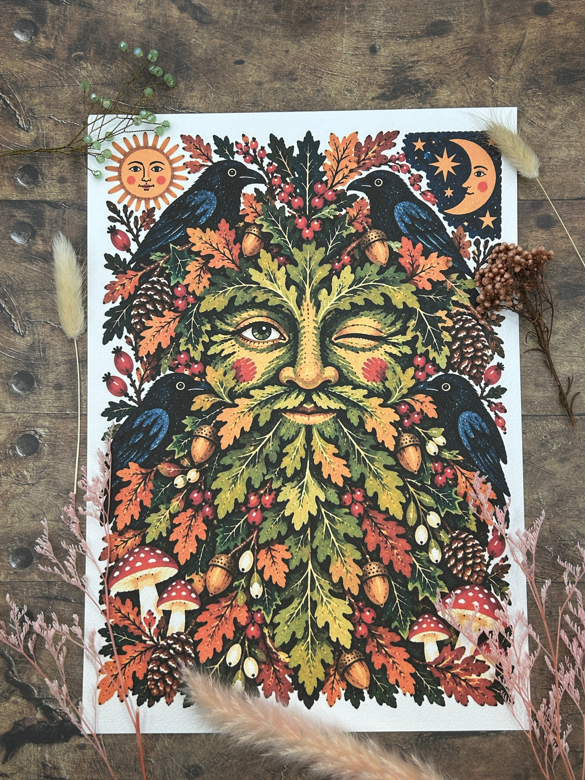 Between Sun & Moon Ravens Green Man print