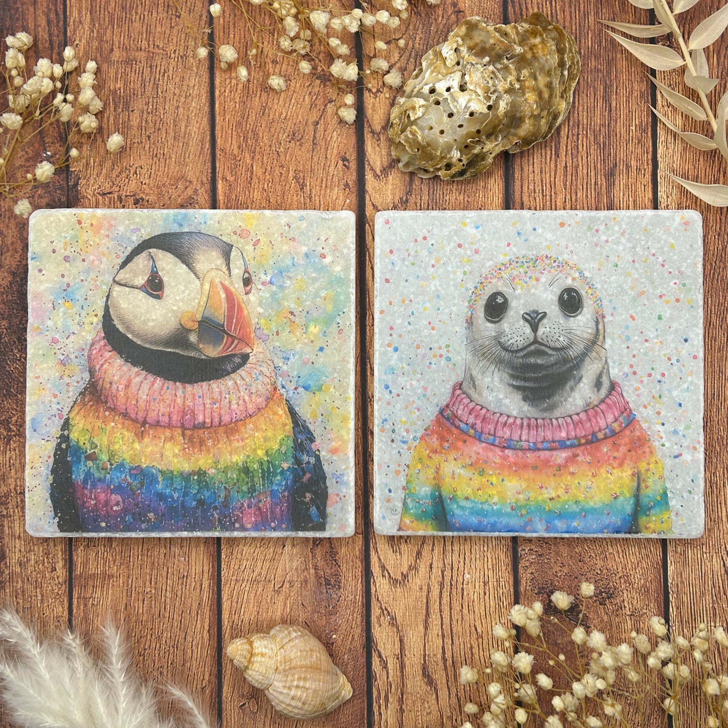 Puffin & Seal in Rainbow Jumpers