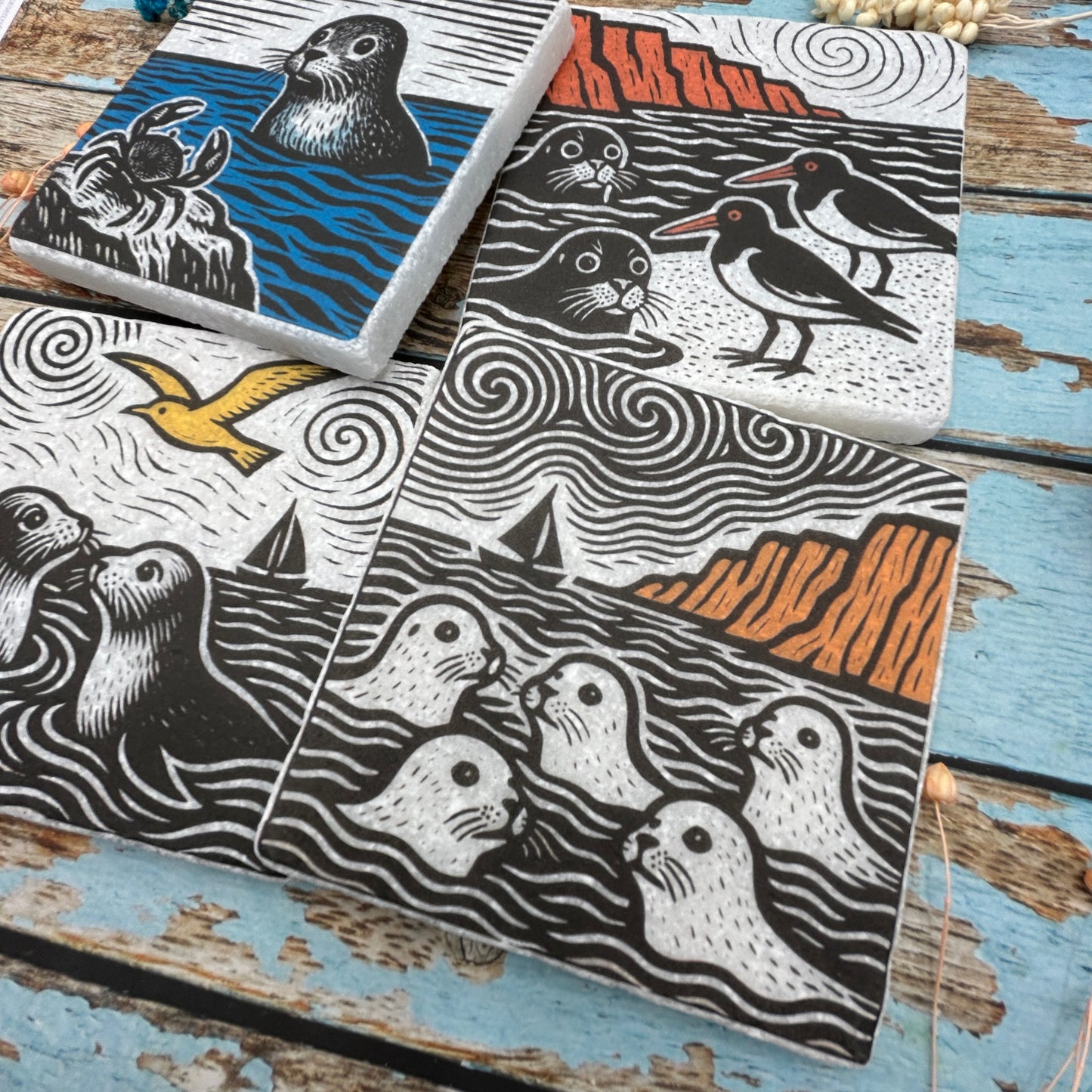 Coastal Wildlife Printmaker’s Coaster Set – Seals, Birds & Crabs