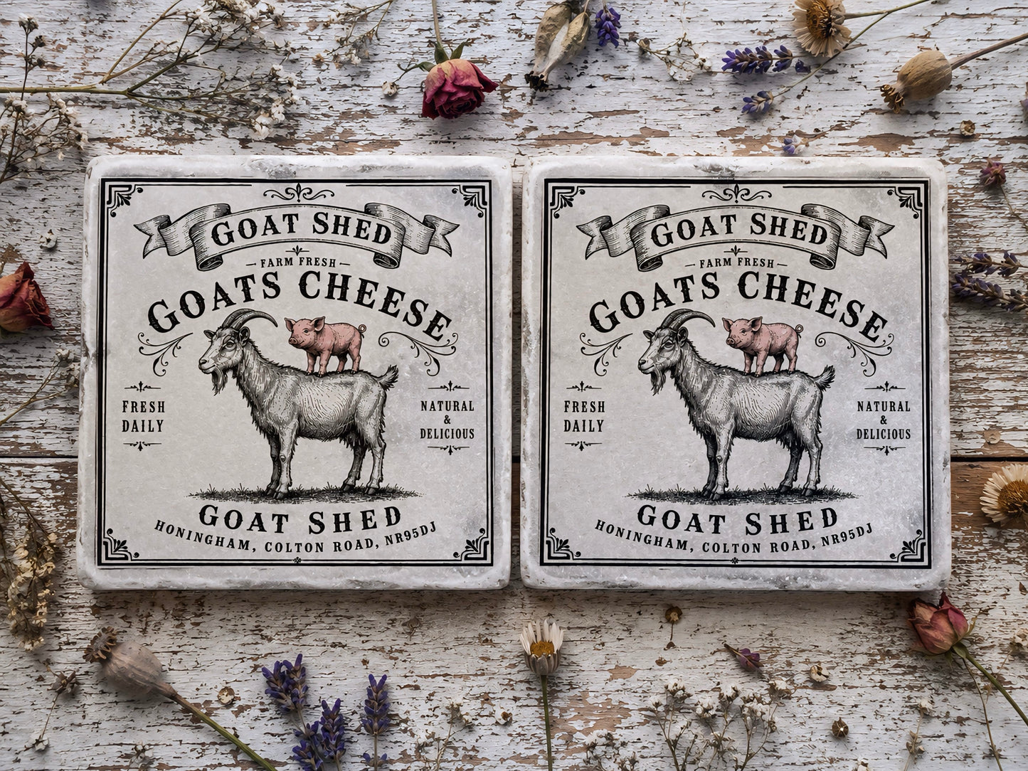 Goat shed farm friends Natural Stone Coasters
