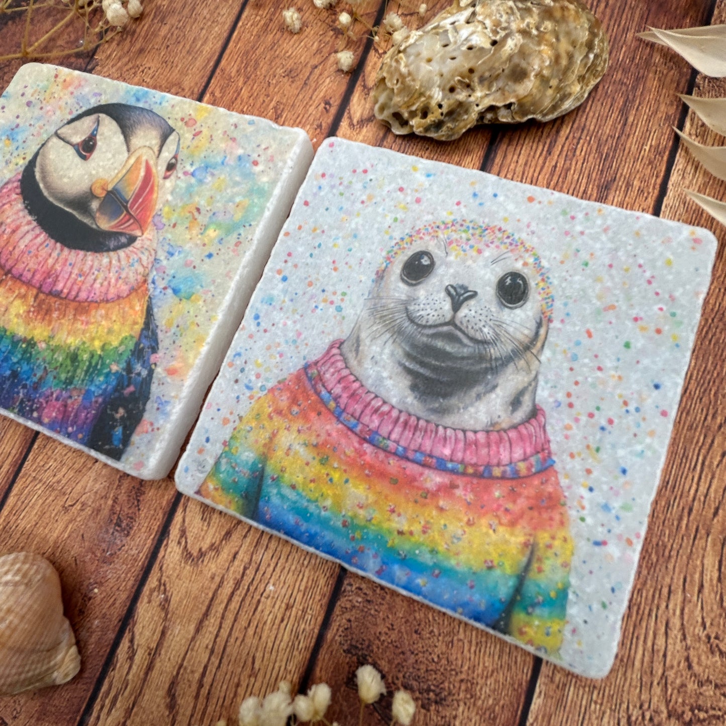 Puffin & Seal in Rainbow Jumpers