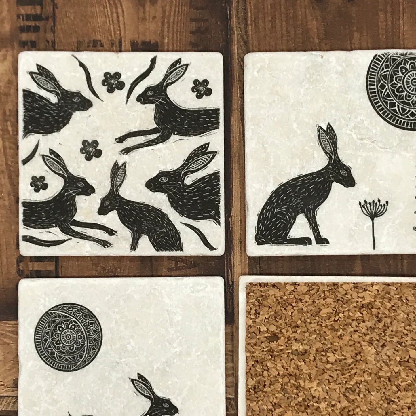 Linocut style Hare Coasters
