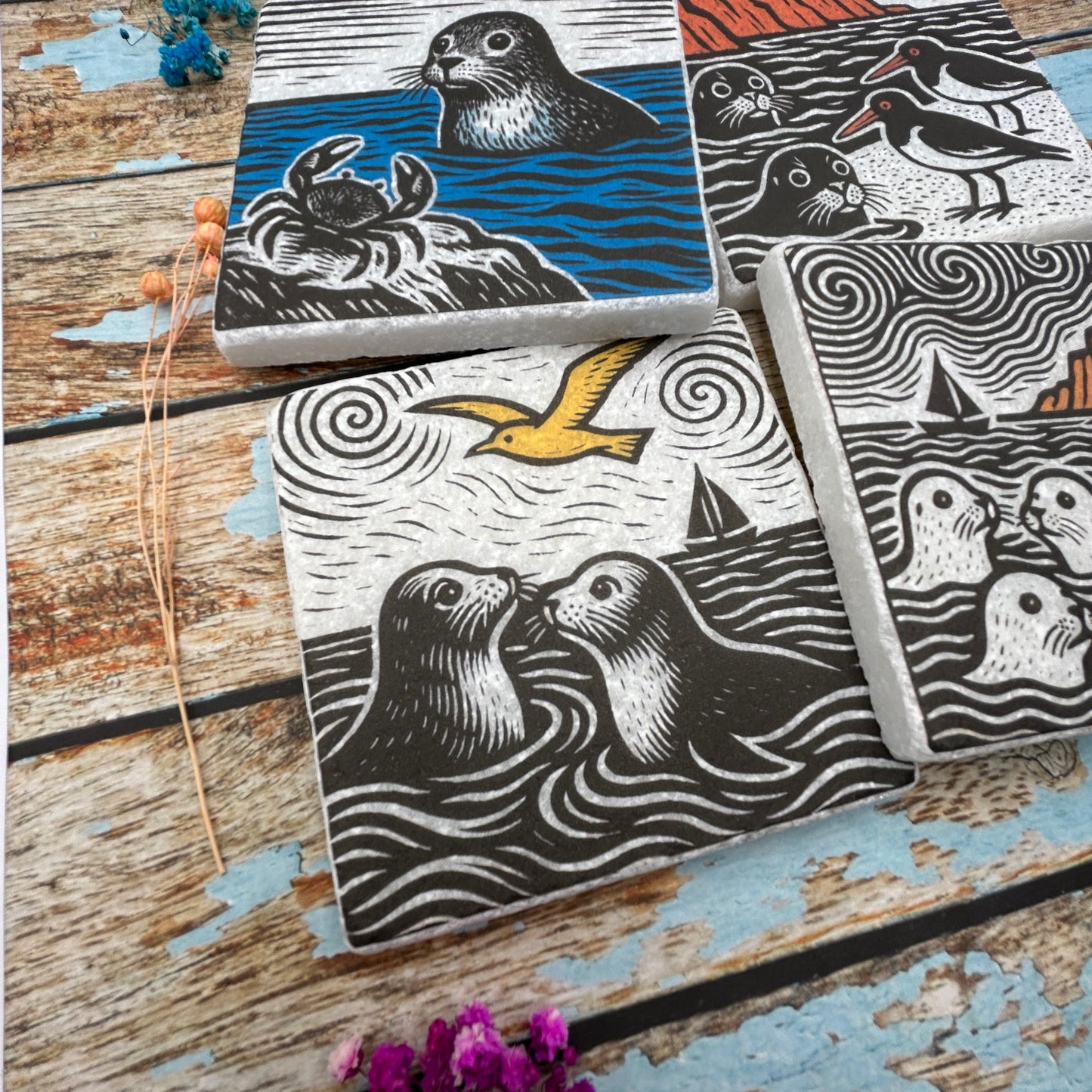 Coastal Wildlife Printmaker’s Coaster Set – Seals, Birds & Crabs