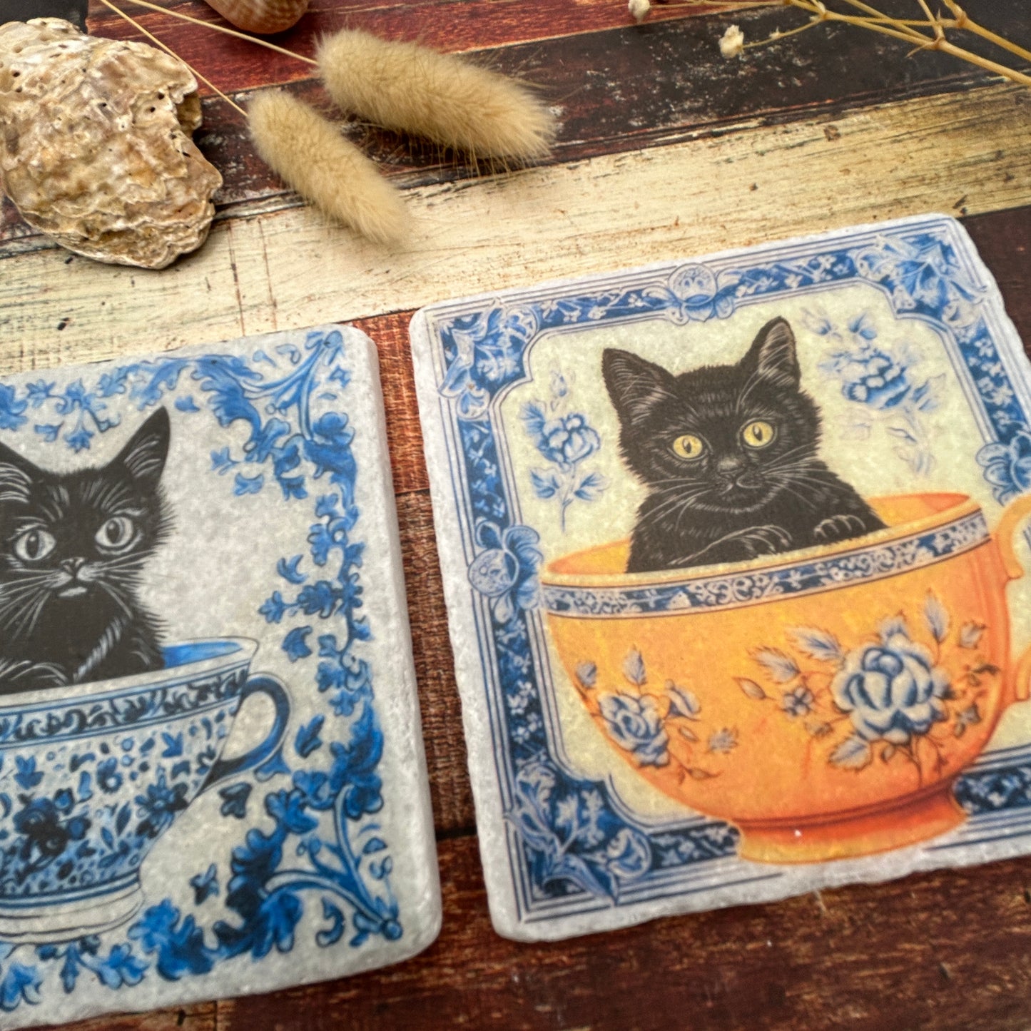 Antique Cats in Cups Stone Coasters