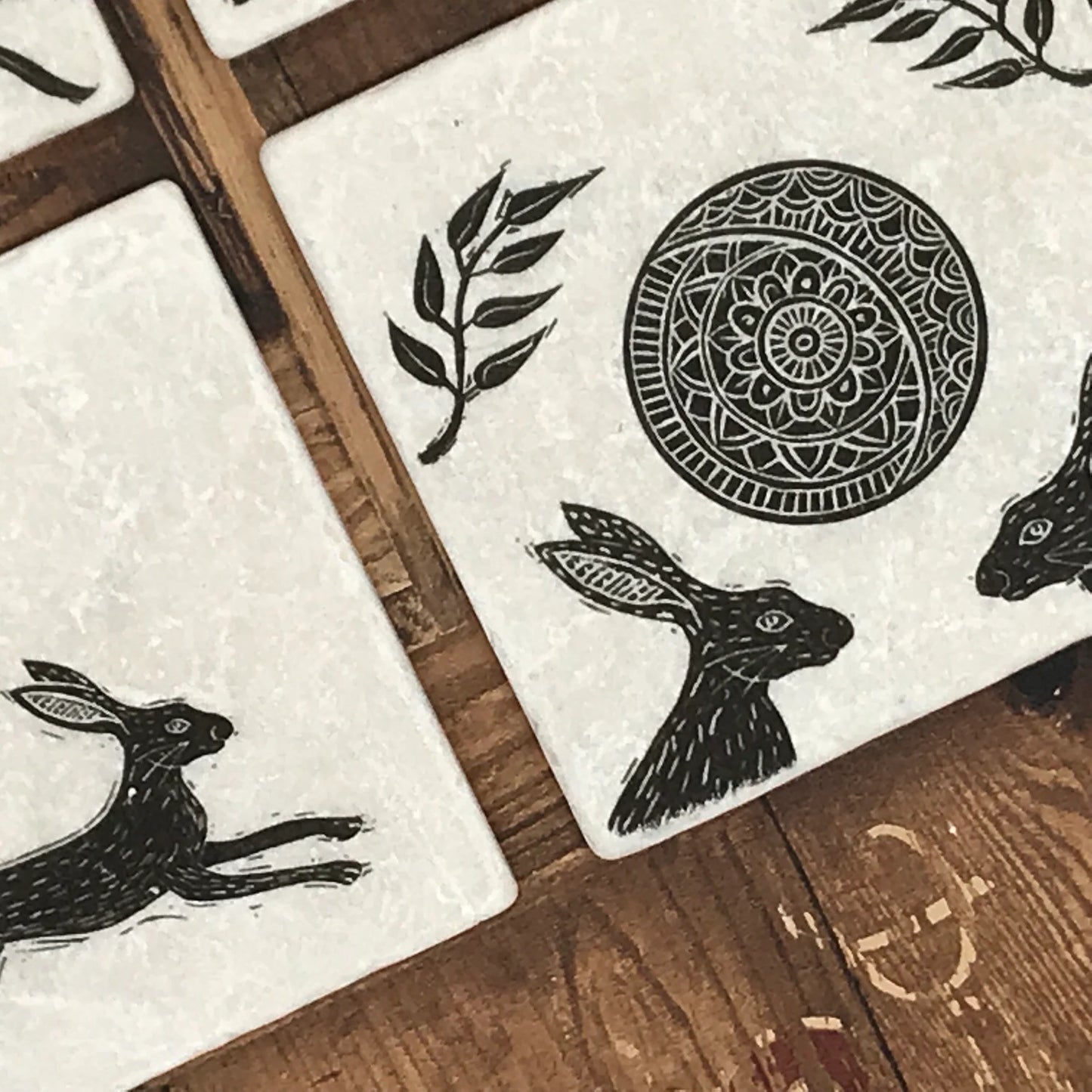 Linocut style Hare Coasters