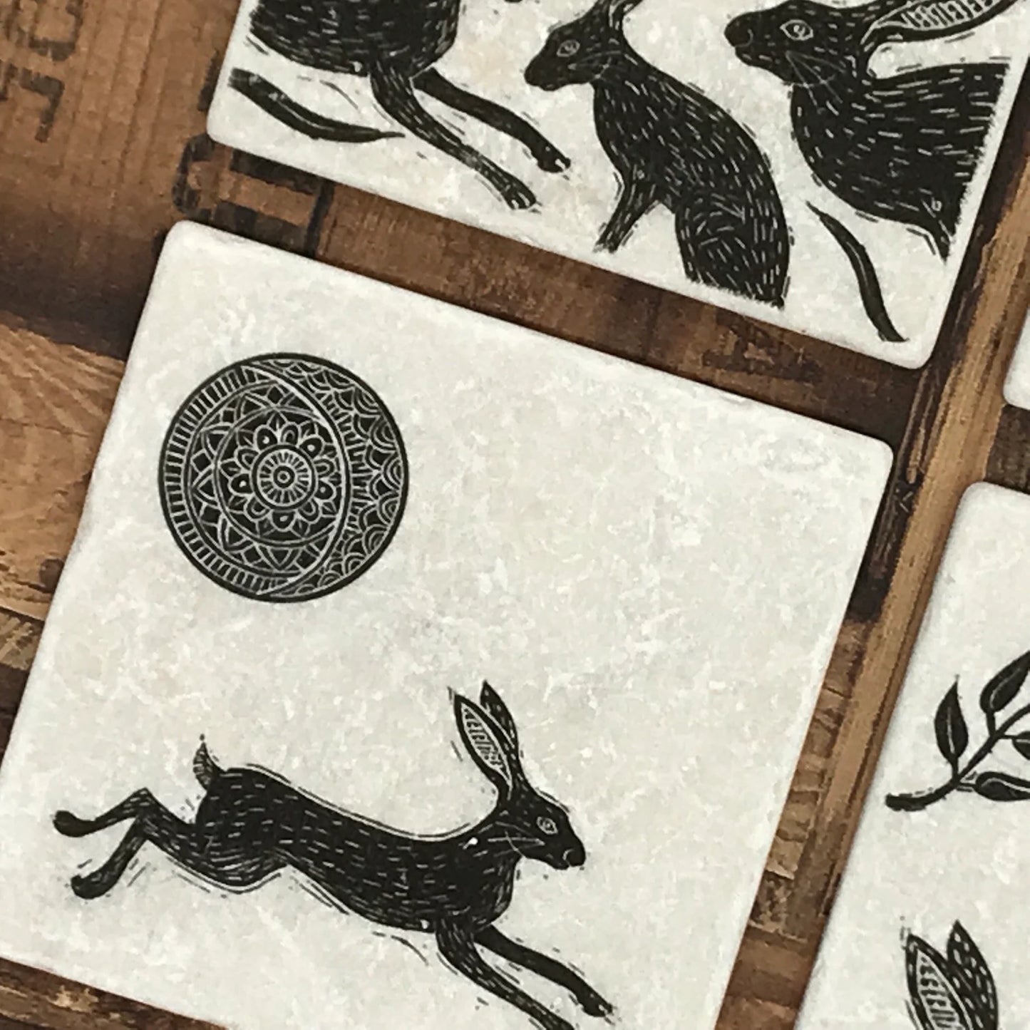 Linocut style Hare Coasters