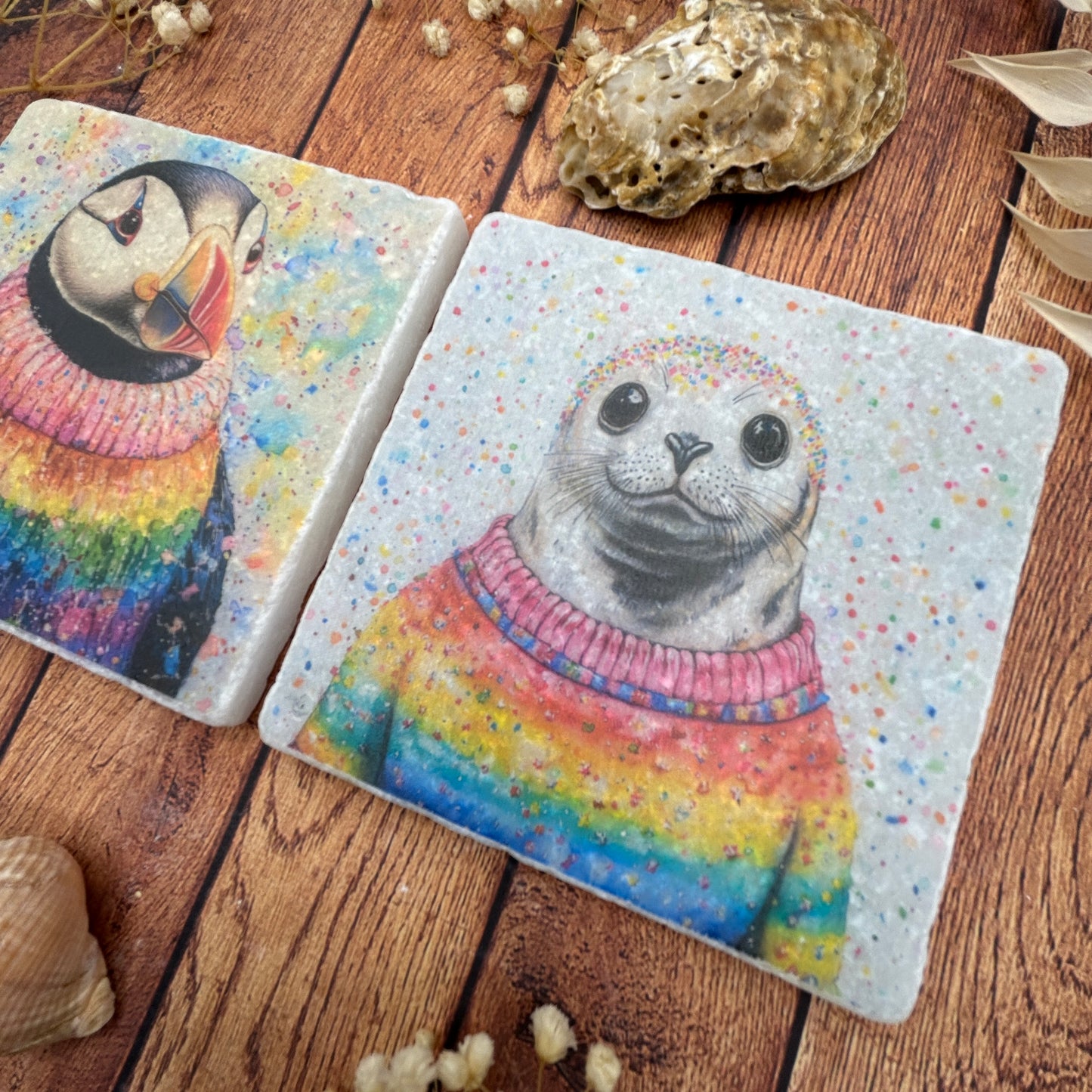 Puffin & Seal in Rainbow Jumpers