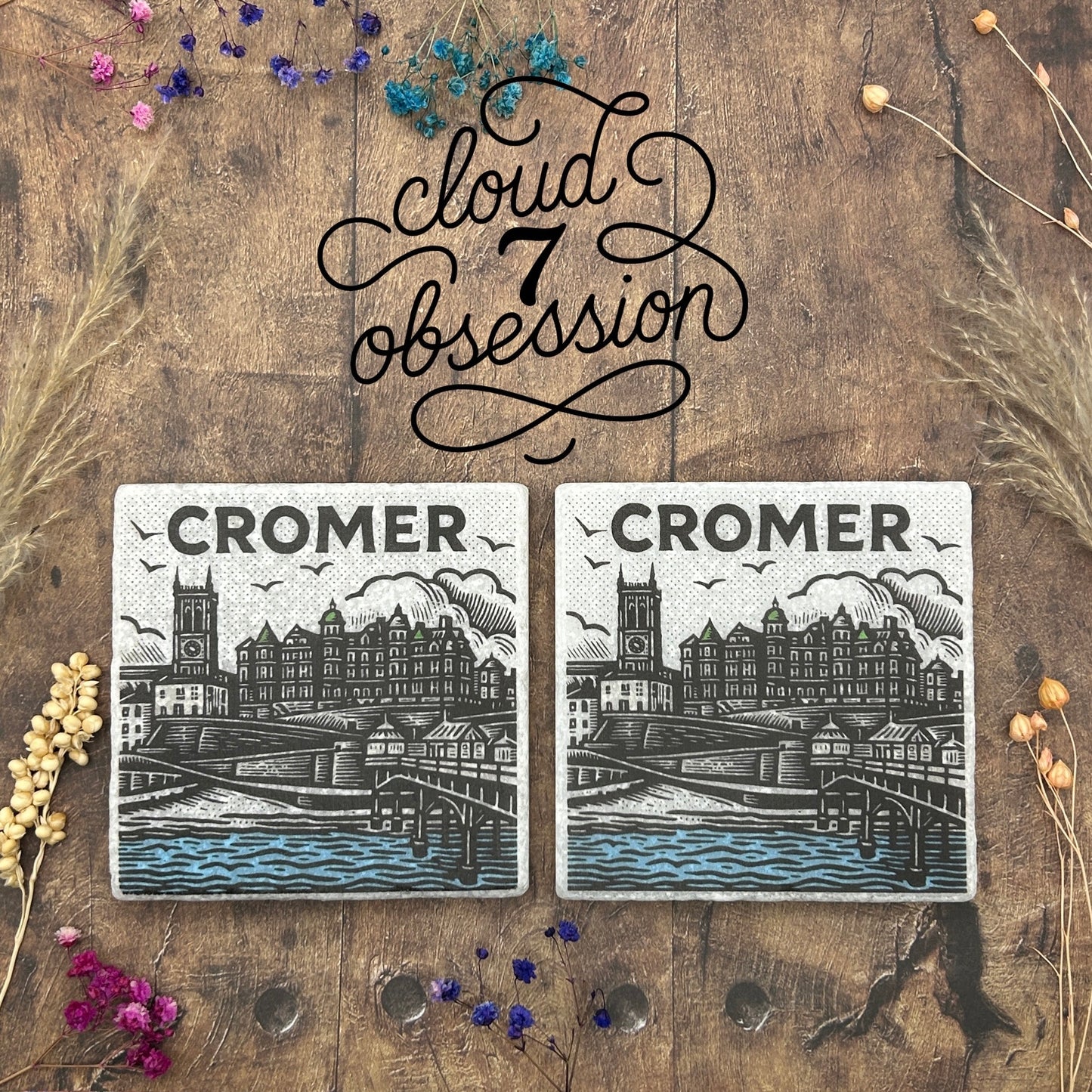 Cromer Pier & Clifftop Skyline – Set of 2 Stone Coasters
