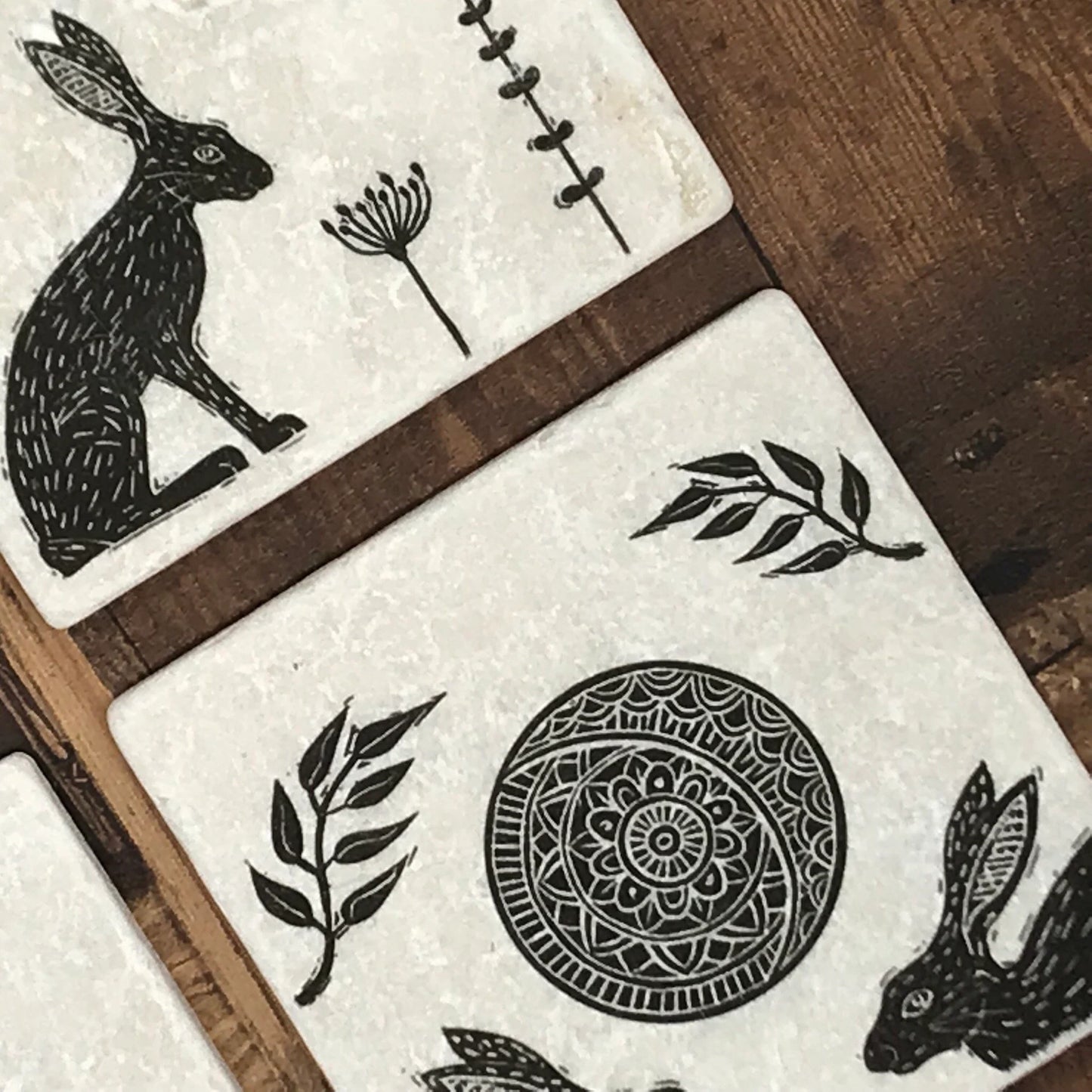 Linocut style Hare Coasters