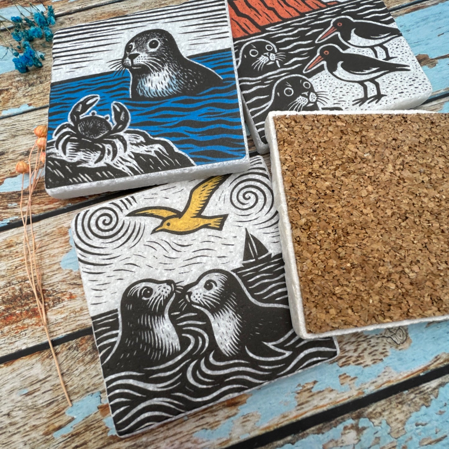Coastal Wildlife Printmaker’s Coaster Set – Seals, Birds & Crabs