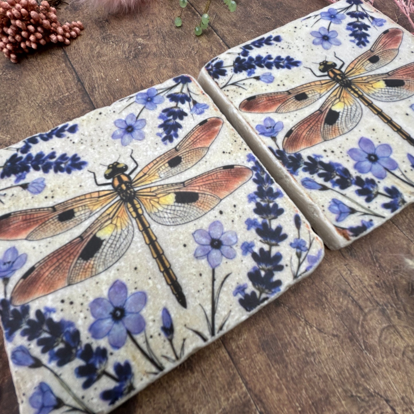 Lavender Dragonfly Natural Stone Coasters