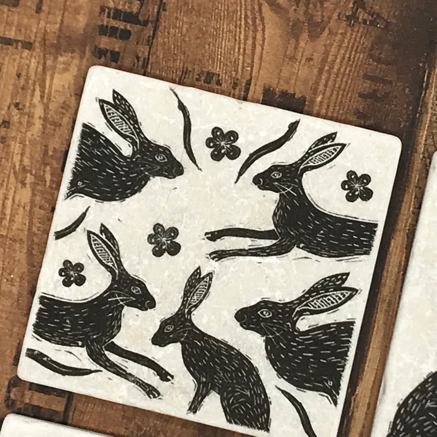 Linocut style Hare Coasters