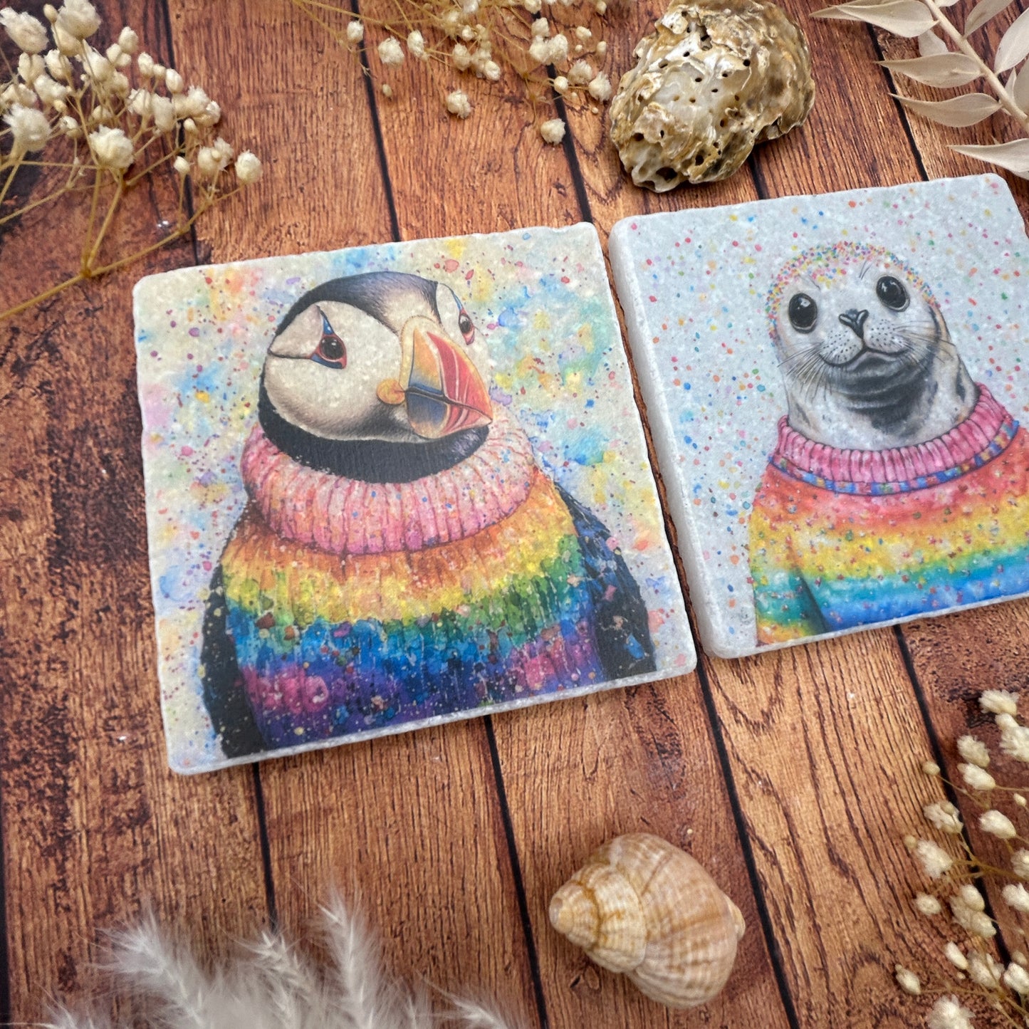 Puffin & Seal in Rainbow Jumpers