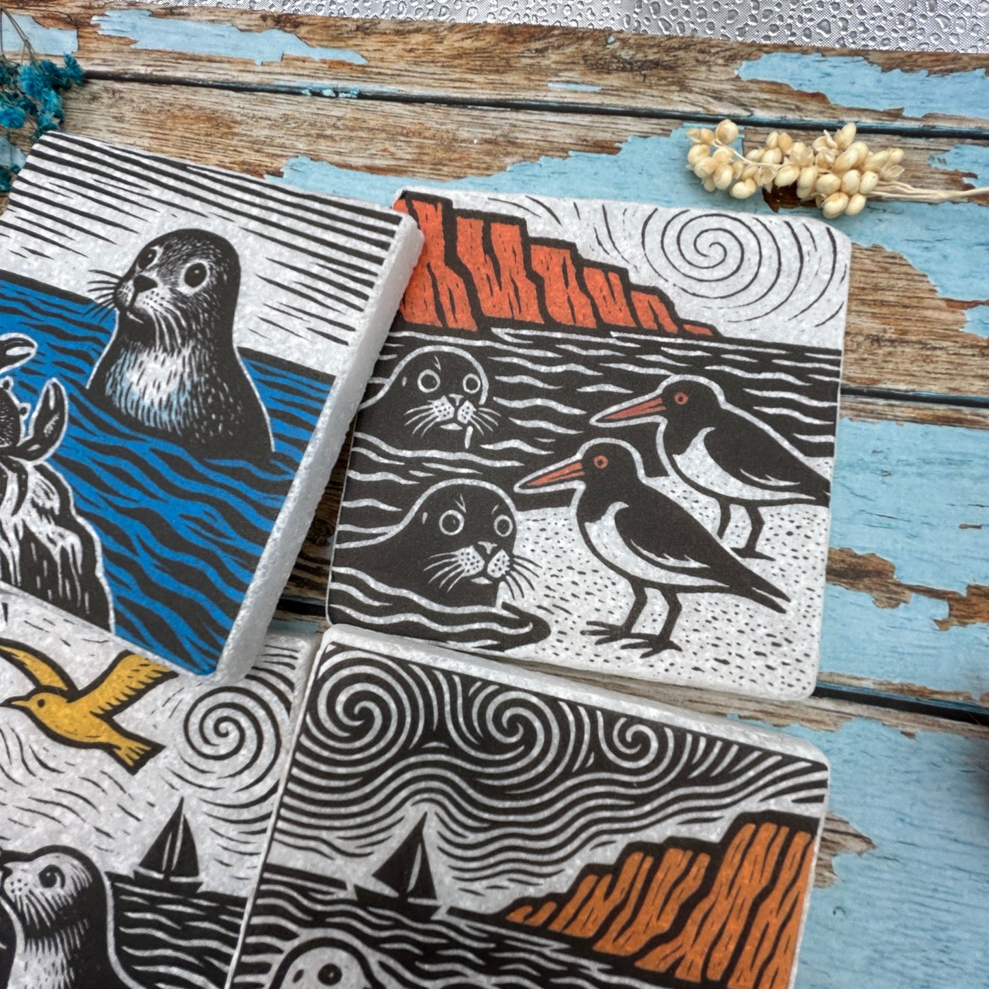 Coastal Wildlife Printmaker’s Coaster Set – Seals, Birds & Crabs