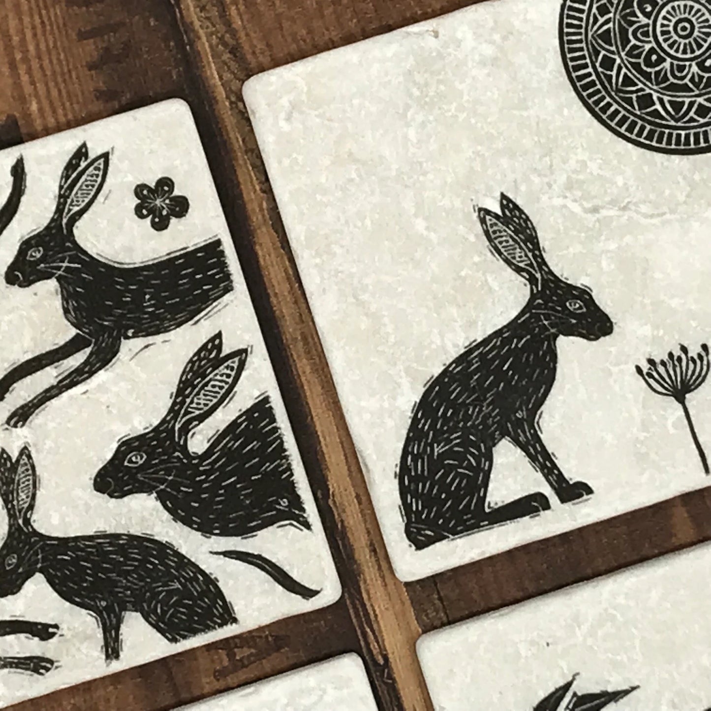 Linocut style Hare Coasters