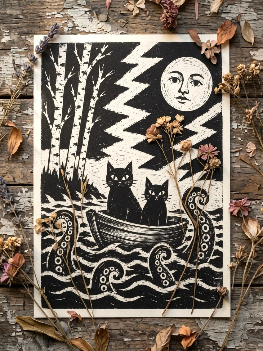 Black Cats at Sea A4 Print