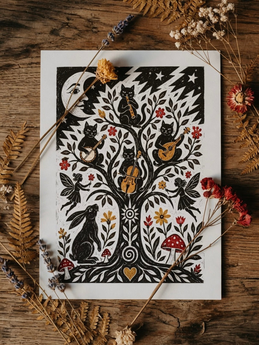 Moonlight Melody tree, black cats A4 Print