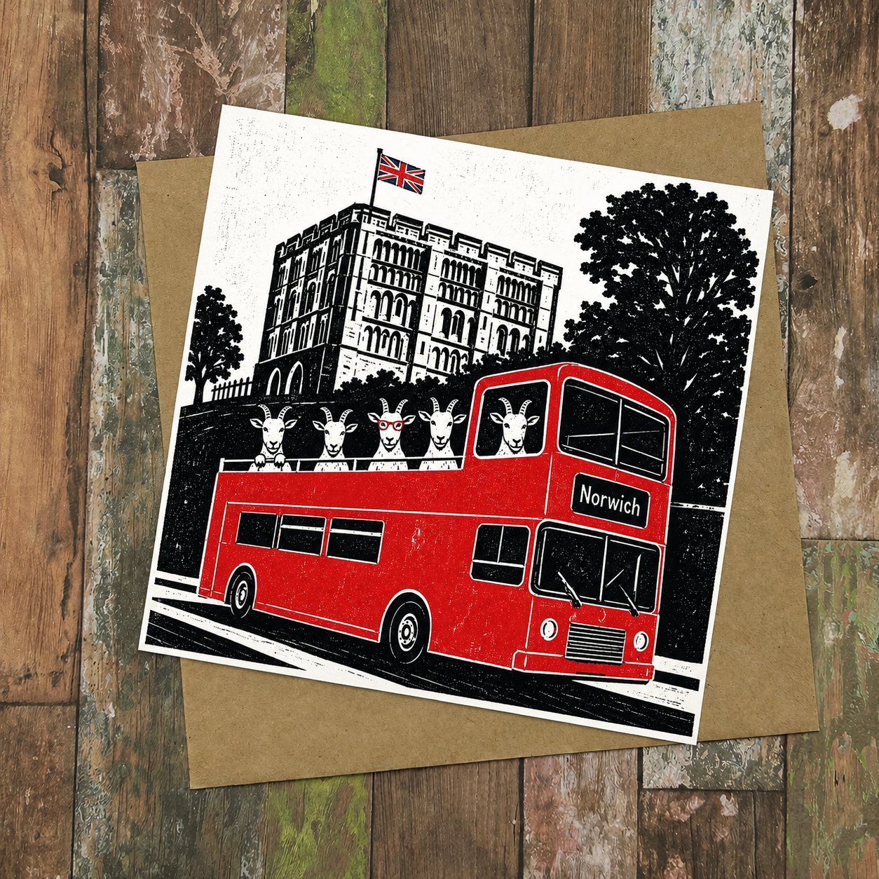 Norwich Sightseeing Goats Red Bus Greeting Card