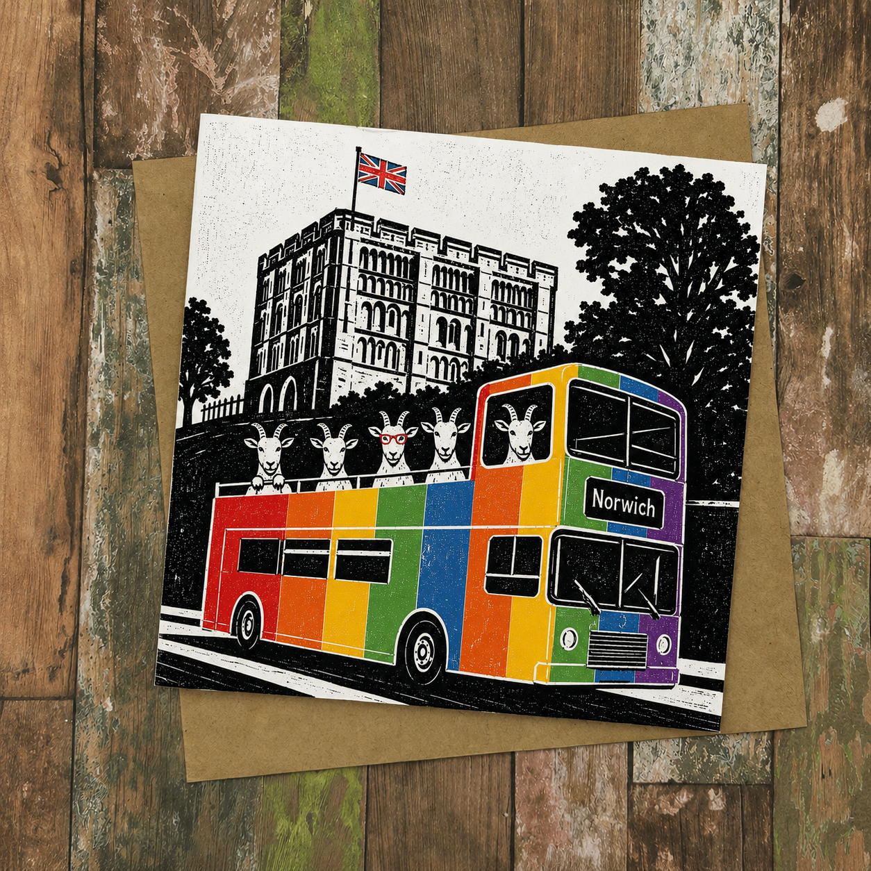Norwich Sightseeing Goats Rainbow Bus Greeting Card
