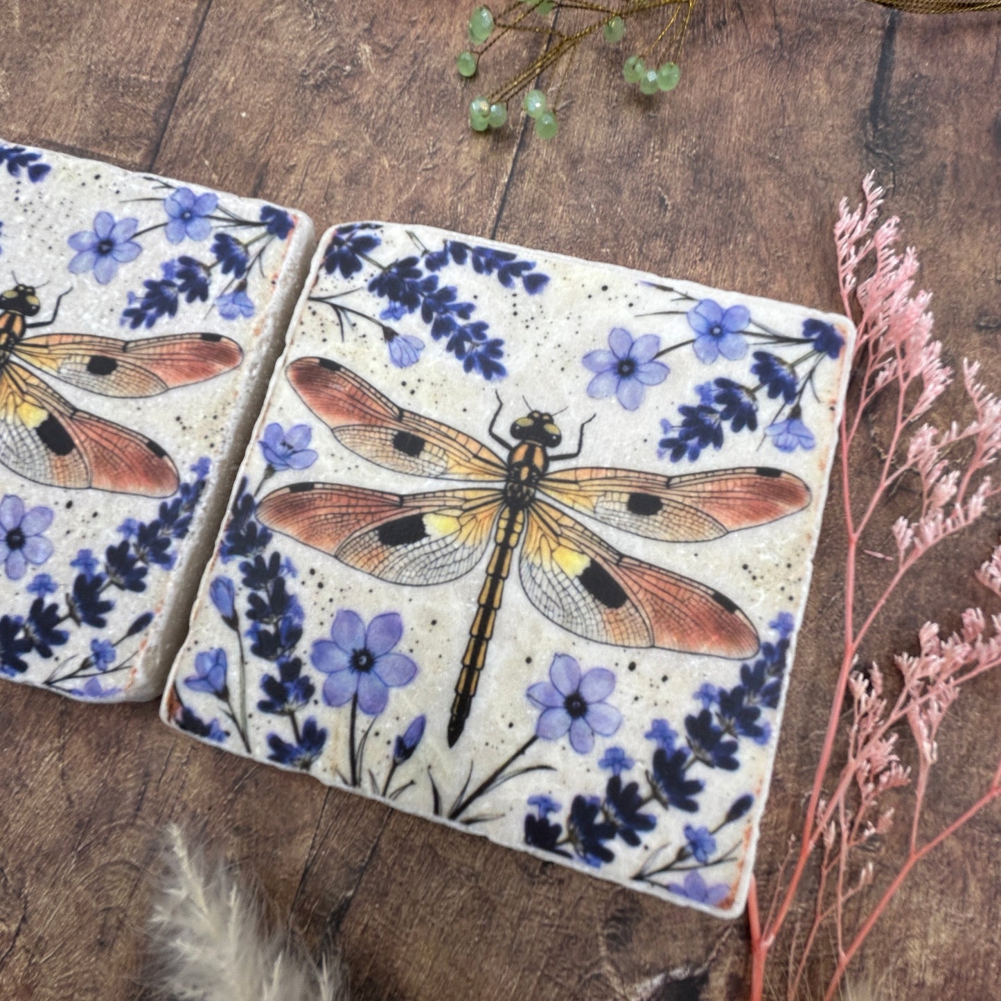 Lavender Dragonfly Natural Stone Coasters