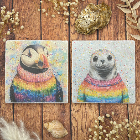 Puffin & Seal in Rainbow Jumpers