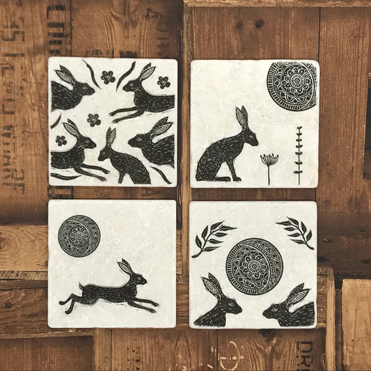 Linocut style Hare Coasters