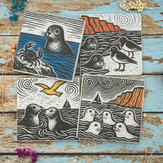 Coastal Wildlife Printmaker’s Coaster Set – Seals, Birds & Crabs