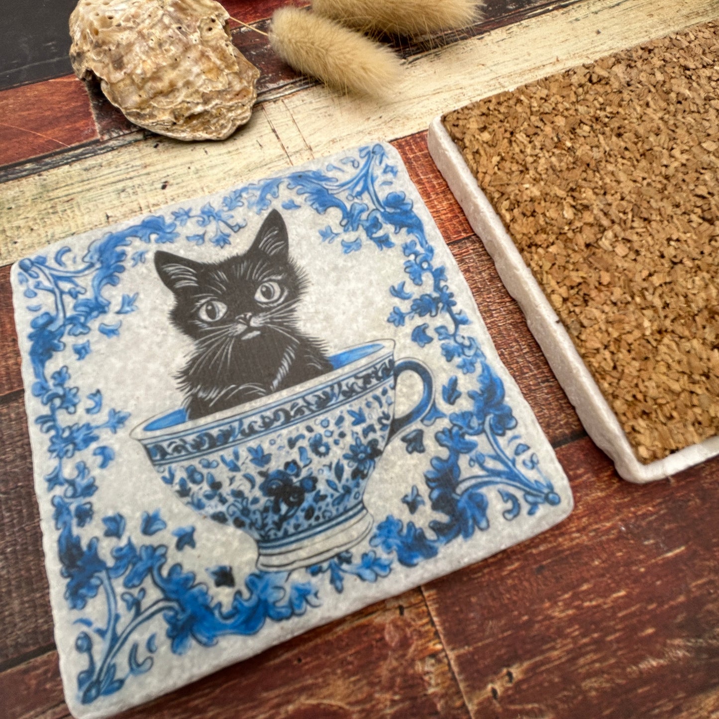 Antique Cats in Cups Stone Coasters