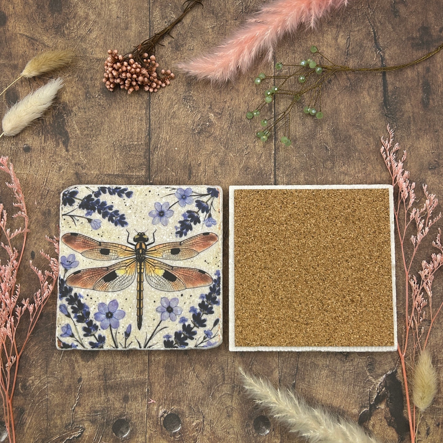 Lavender Dragonfly Natural Stone Coasters