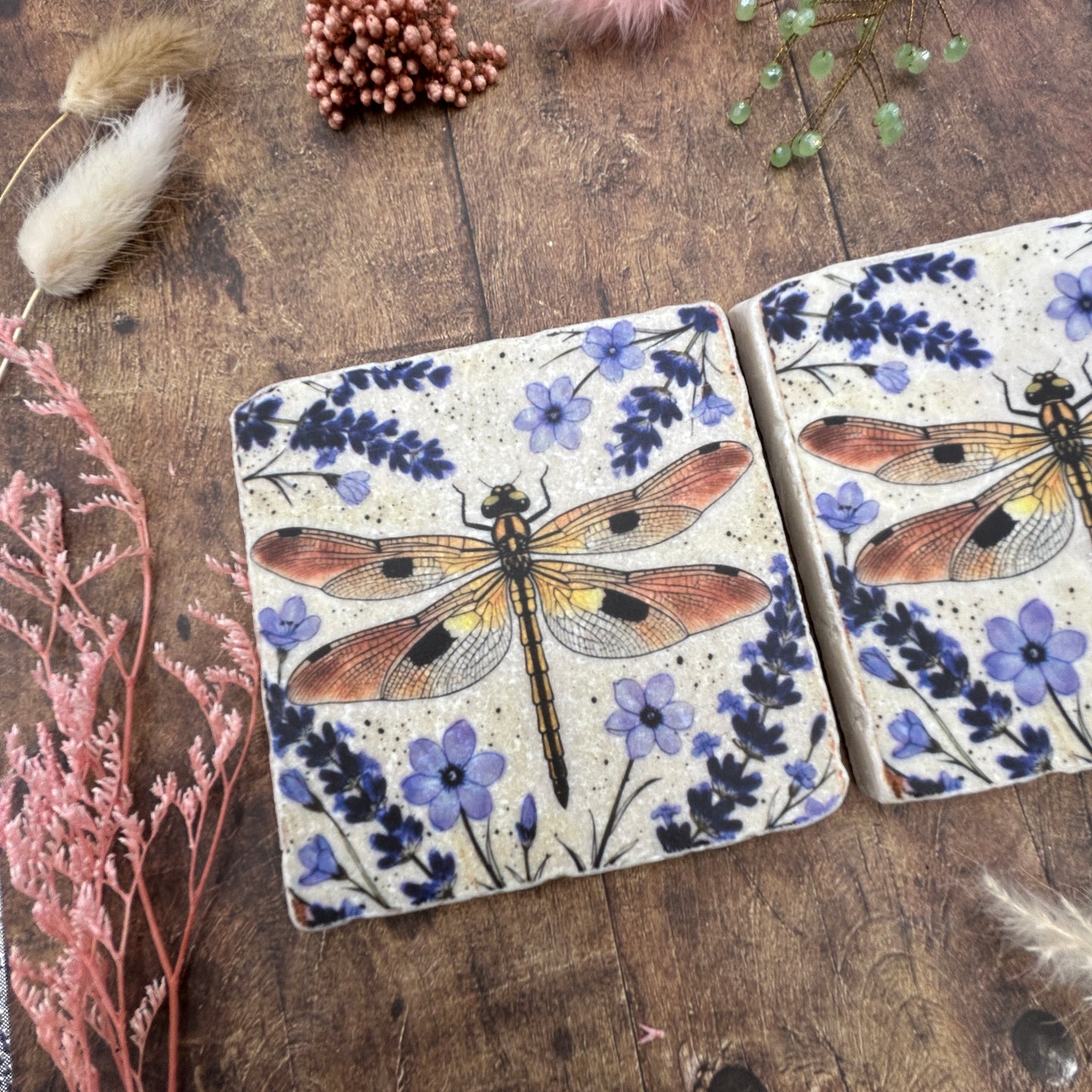 Lavender Dragonfly Natural Stone Coasters