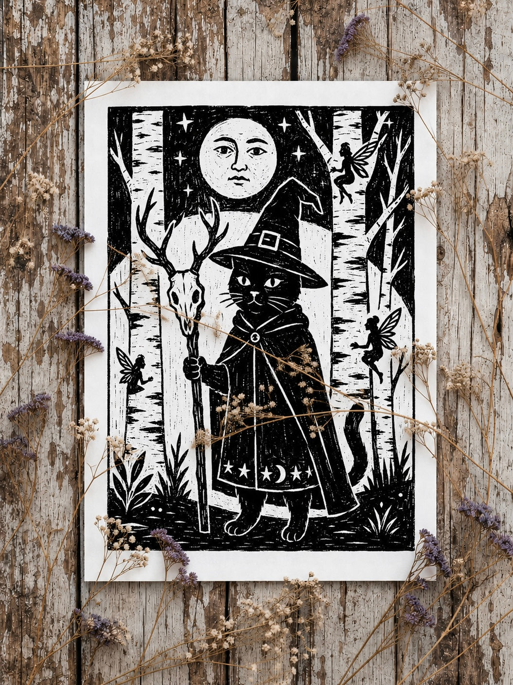 Black cat and fairies A4 Print