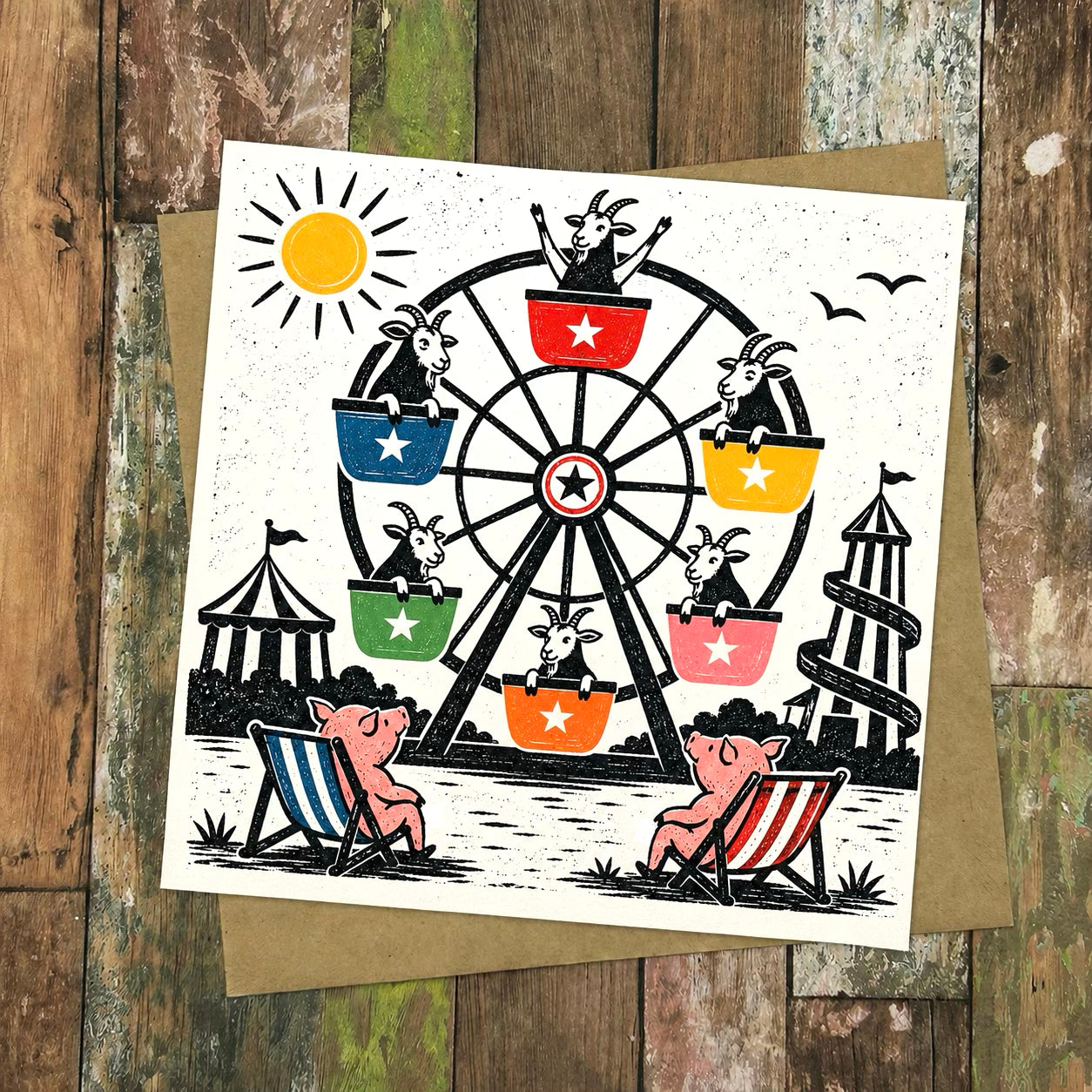 Goats on a ferris wheel, Greeting Card