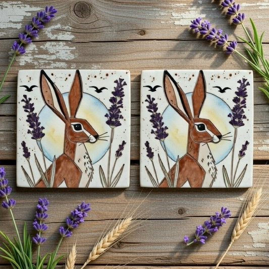 Moonlit Meadow Hares Natural Stone Coasters