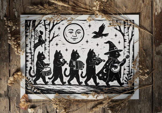 Witchy Cat Parade A4 Print