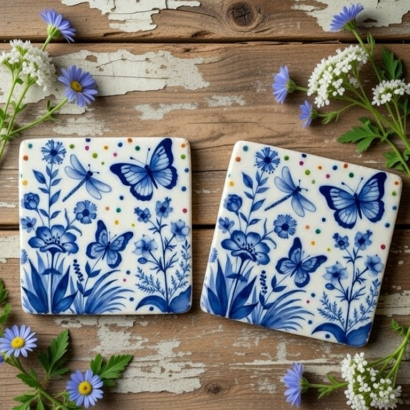 Butterfly Meadow in Blue Natural Stone Coasters