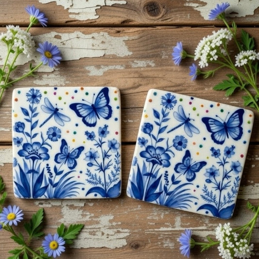 Butterfly Meadow in Blue Natural Stone Coasters