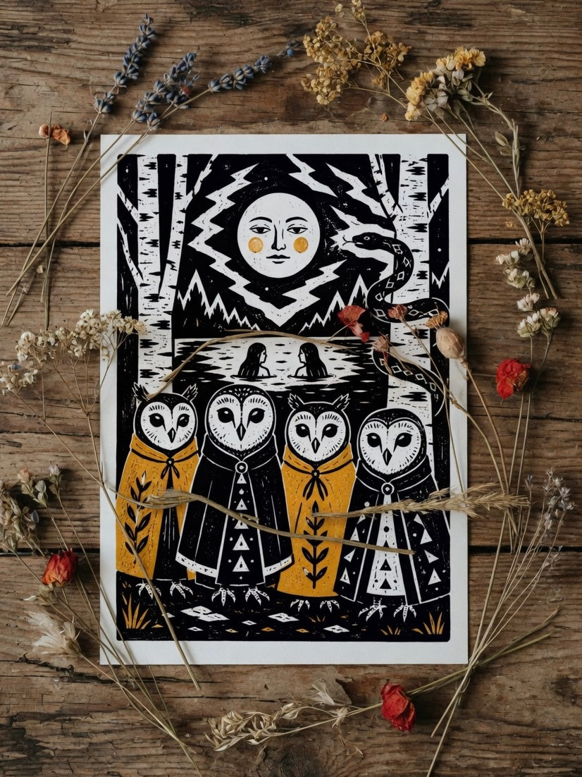 The Serpent and the owls, Linocut A4 print