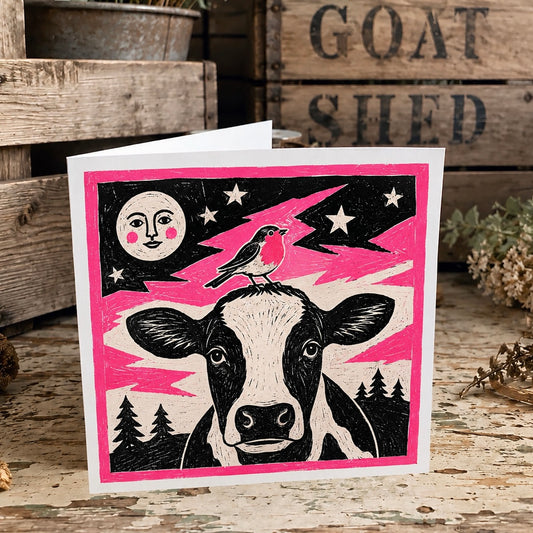 Cow & Robin Greeting Card
