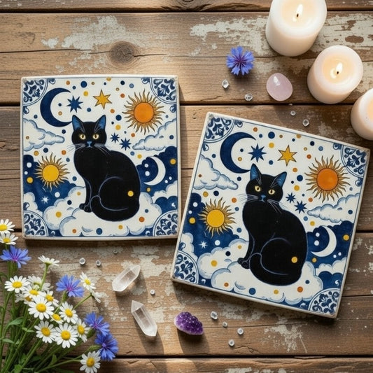 Celestial Black Cats Natural Stone Coasters
