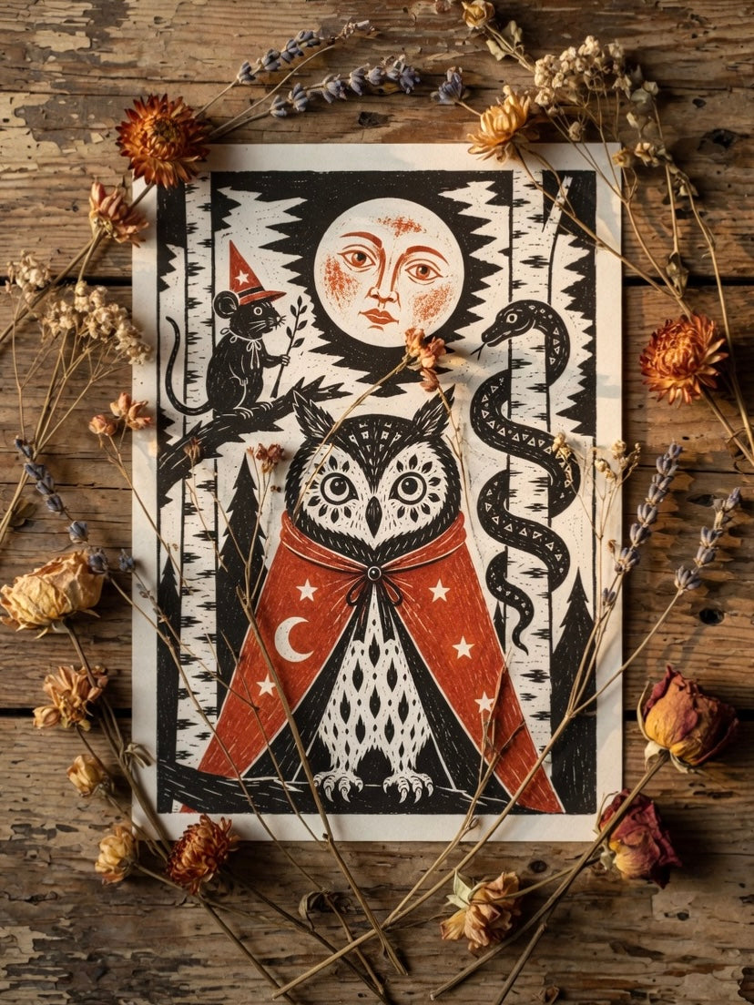 Keeper of the Hollow Moon, owl Linocut A4 print