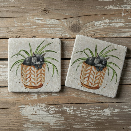 Cosy Cat plant pot Natural Stone Coasters