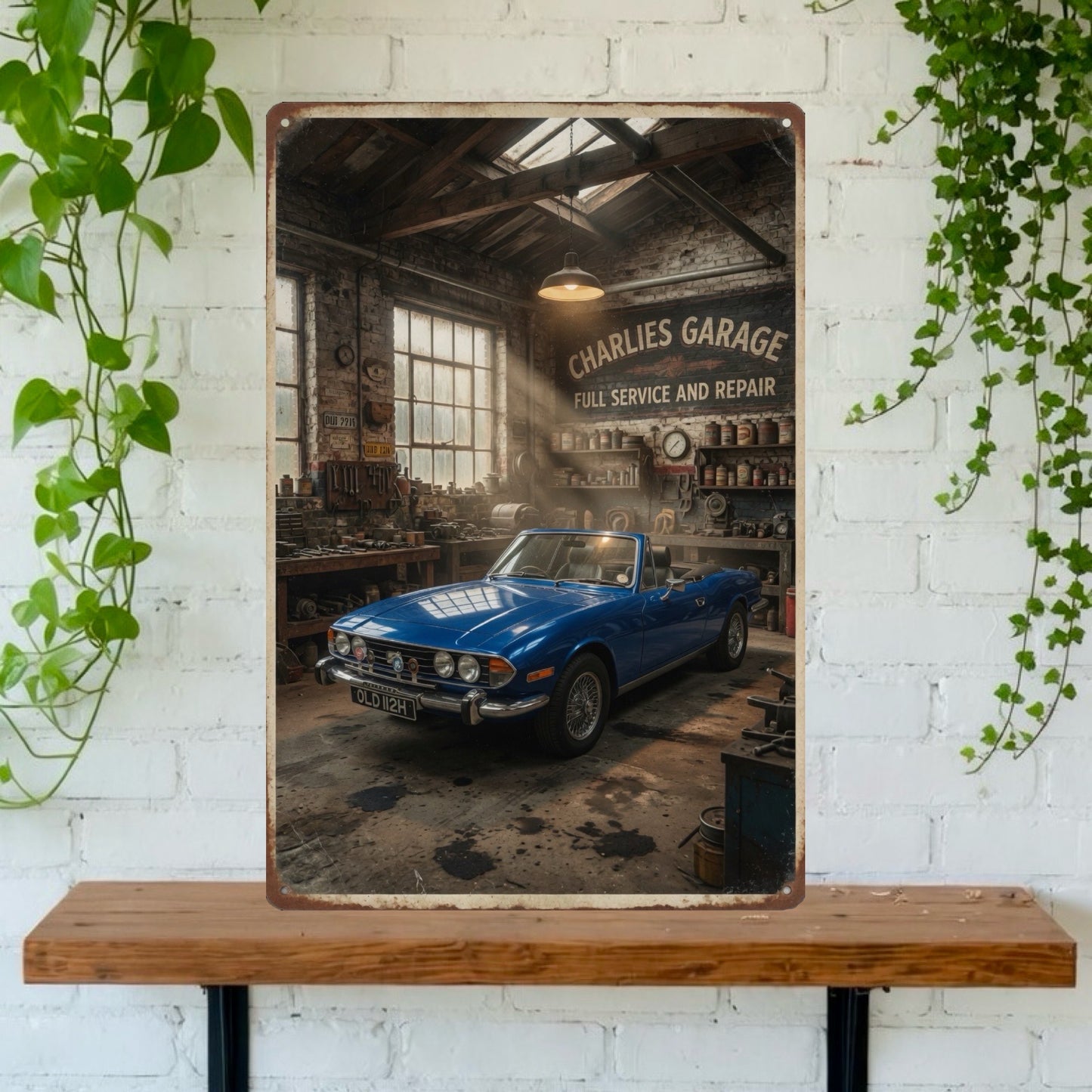 Your car and Name in a classic car garage, portrait Tin Sign