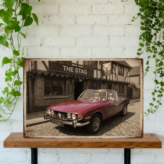 Your car outside a traditional English Pub, landscape Tin Sign