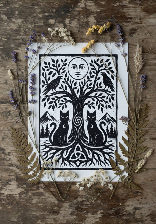 Black Cats Tree of Life A4 Print
