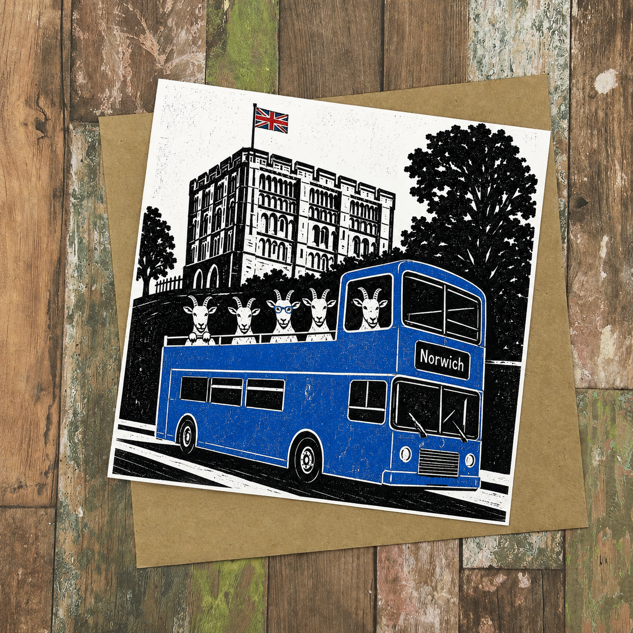 Norwich Sightseeing Goats Blue Bus Greeting Card