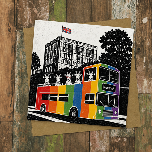 Norwich Sightseeing Goats Rainbow  Bus Greeting Card